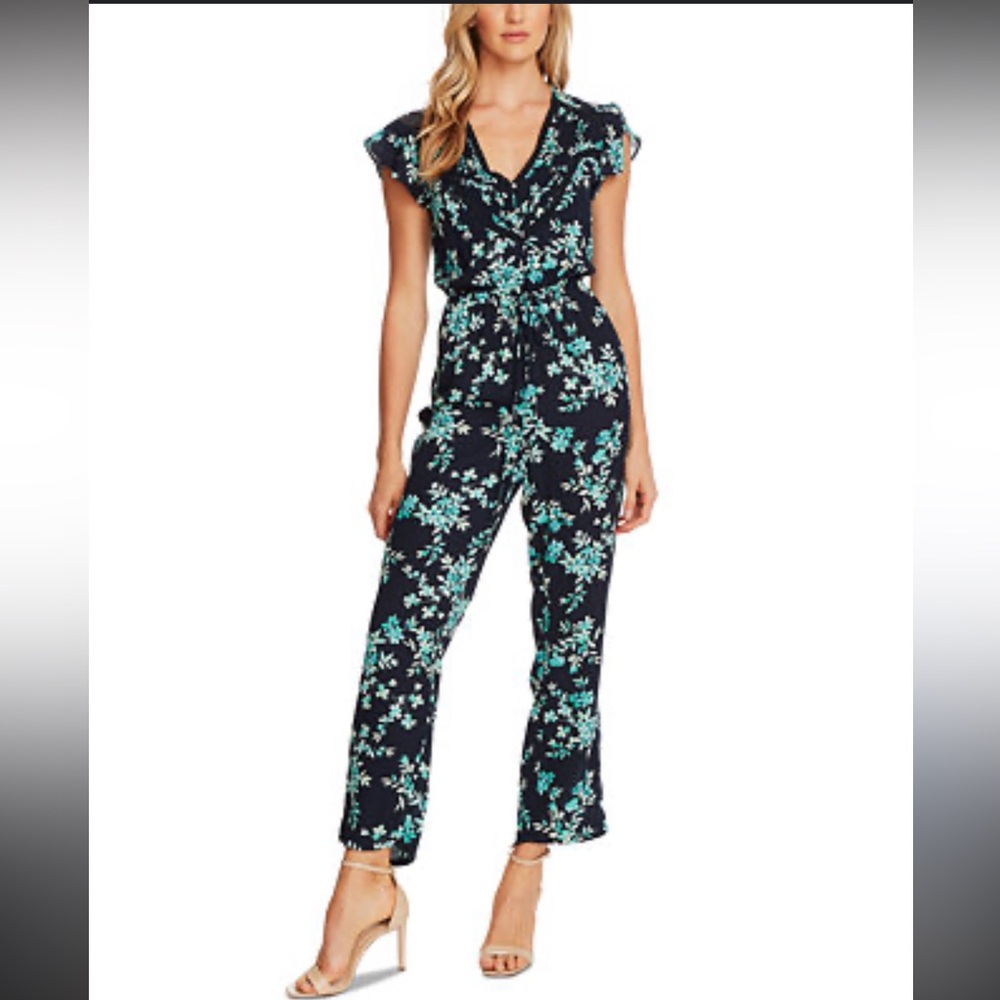 CeCe Navy Floral Flutter-Sleeve Jumpsuit